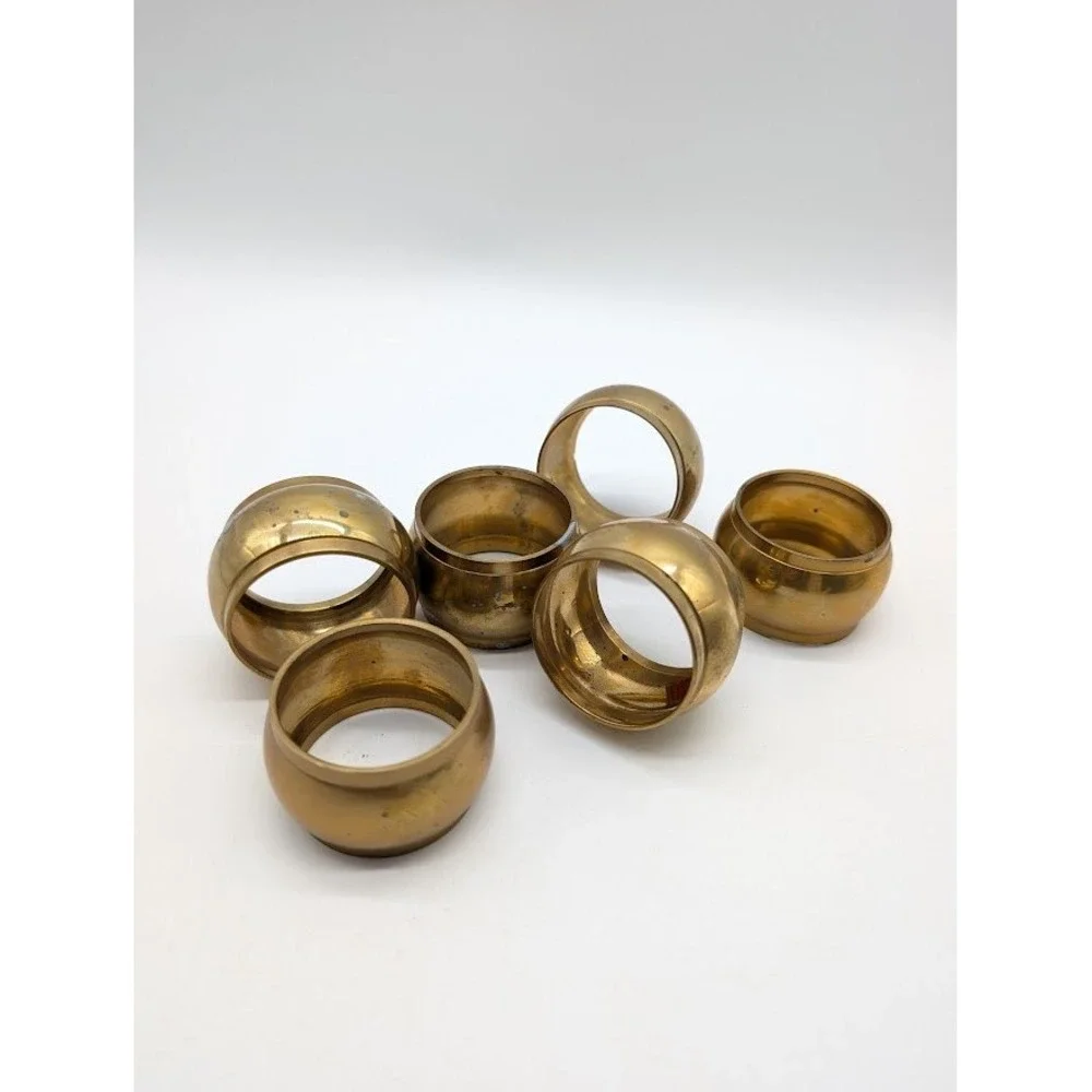 6‎ Set Vtg Solid Brass Napkin Rings India Barrel India Patina Mid Century 1.5x1